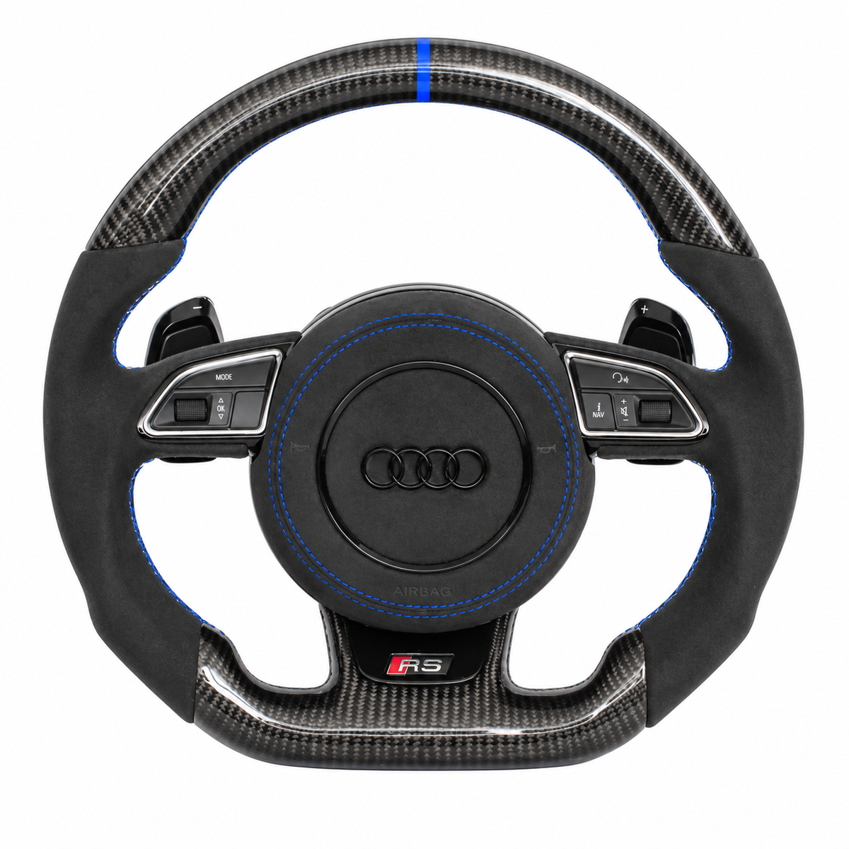 Carbon-Alcantara Lenkrad Audi A3 A4 A5 8P B8 – Oben Carbon, Seitlich Alcantara, Naht blau