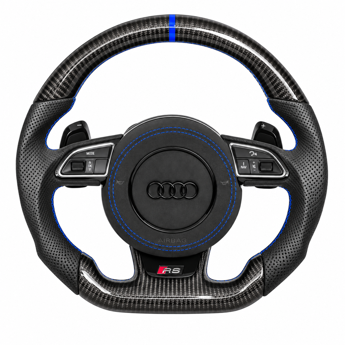 Carbon-Alcantara Lenkrad Audi A3 A4 A5 8P B8 – Oben Carbon, Seitlich Perforiertes Leder, Naht blau