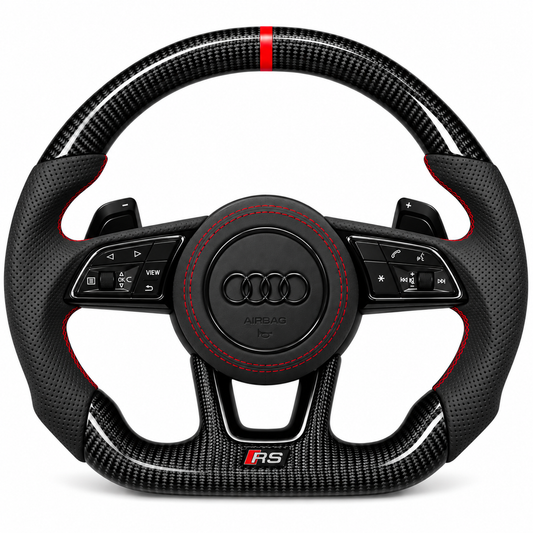 Carbon-Alcantara Lenkrad Audi A3 A4 A5 8V B9 – Oben Carbon, Seitlich Perforiertes Leder, Naht rot