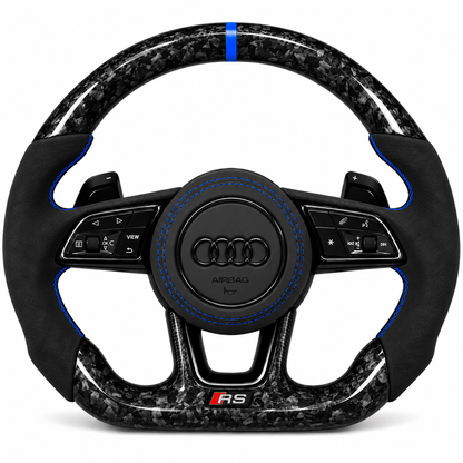 Carbon-Alcantara Lenkrad Audi A3 A4 A5 8V B9 – Oben Geschmiedetes Carbon, Seitlich Alcantara, Naht blau
