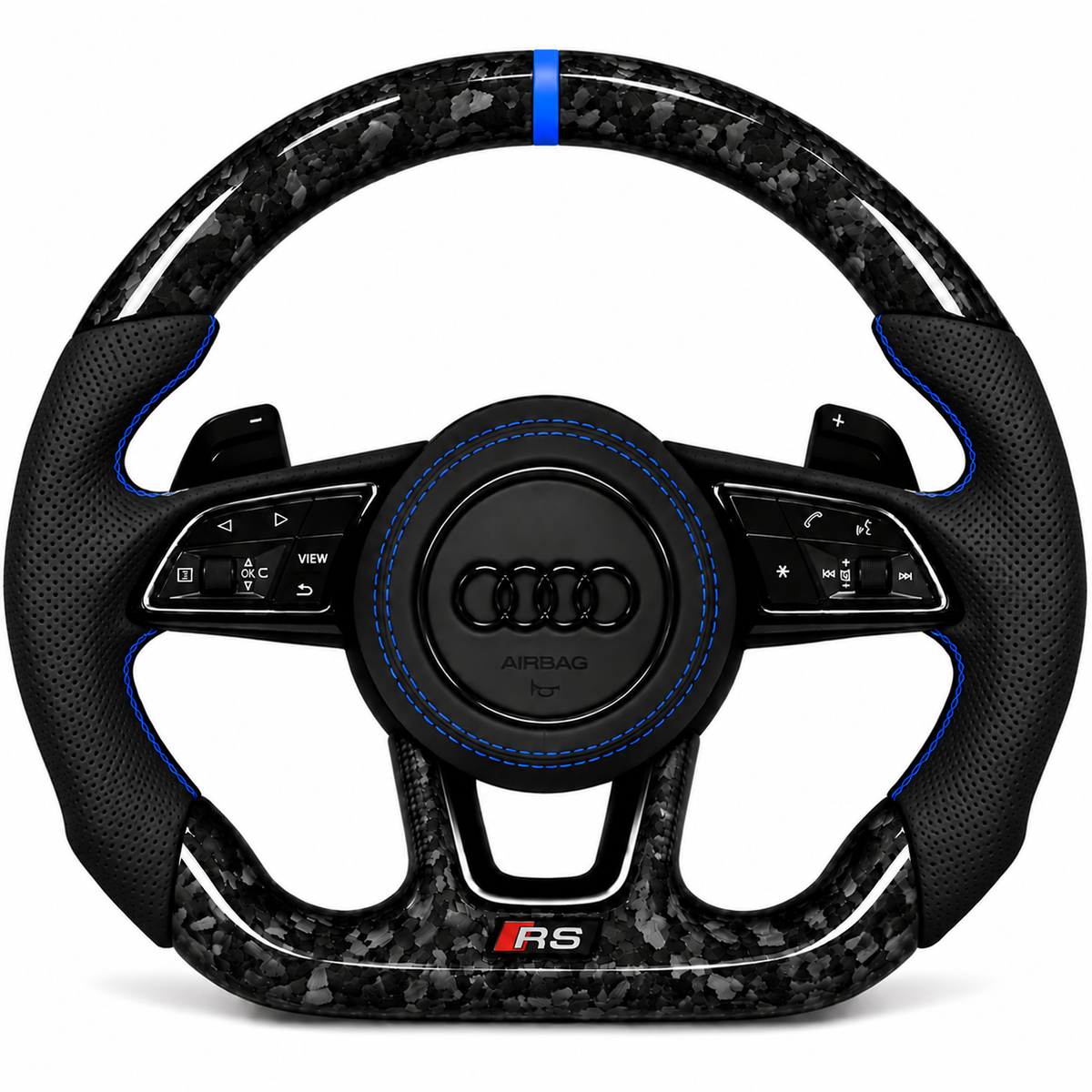 Carbon-Alcantara Lenkrad Audi A3 A4 A5 8V B9 – Oben Geschmiedetes Carbon, Seitlich Perforiertes Leder, Naht blau