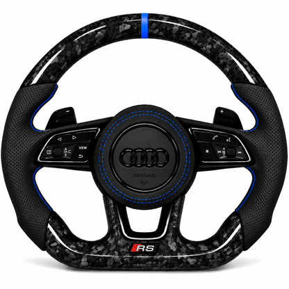 Carbon-Alcantara Lenkrad Audi A3 A4 A5 8V B9 – Oben Geschmiedetes Carbon, Seitlich Perforiertes Leder, Naht blau