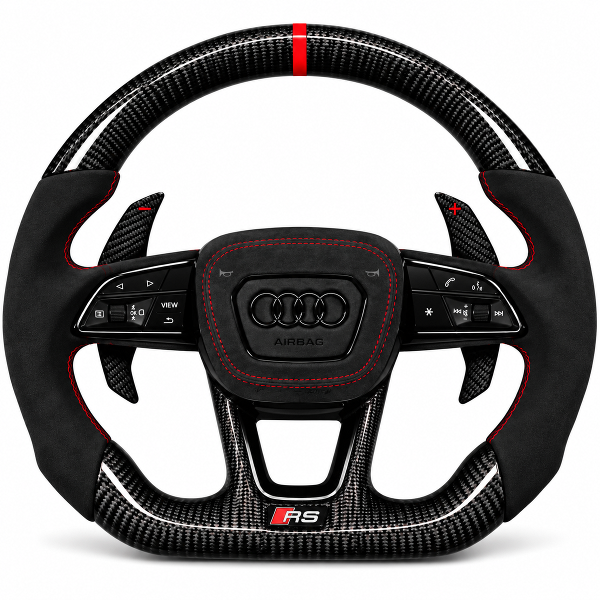 Carbon-Alcantara Lenkrad Audi A3 A4 A5 8Y B9.5 – Oben Carbon, Seitlich Alcantara, Naht rot
