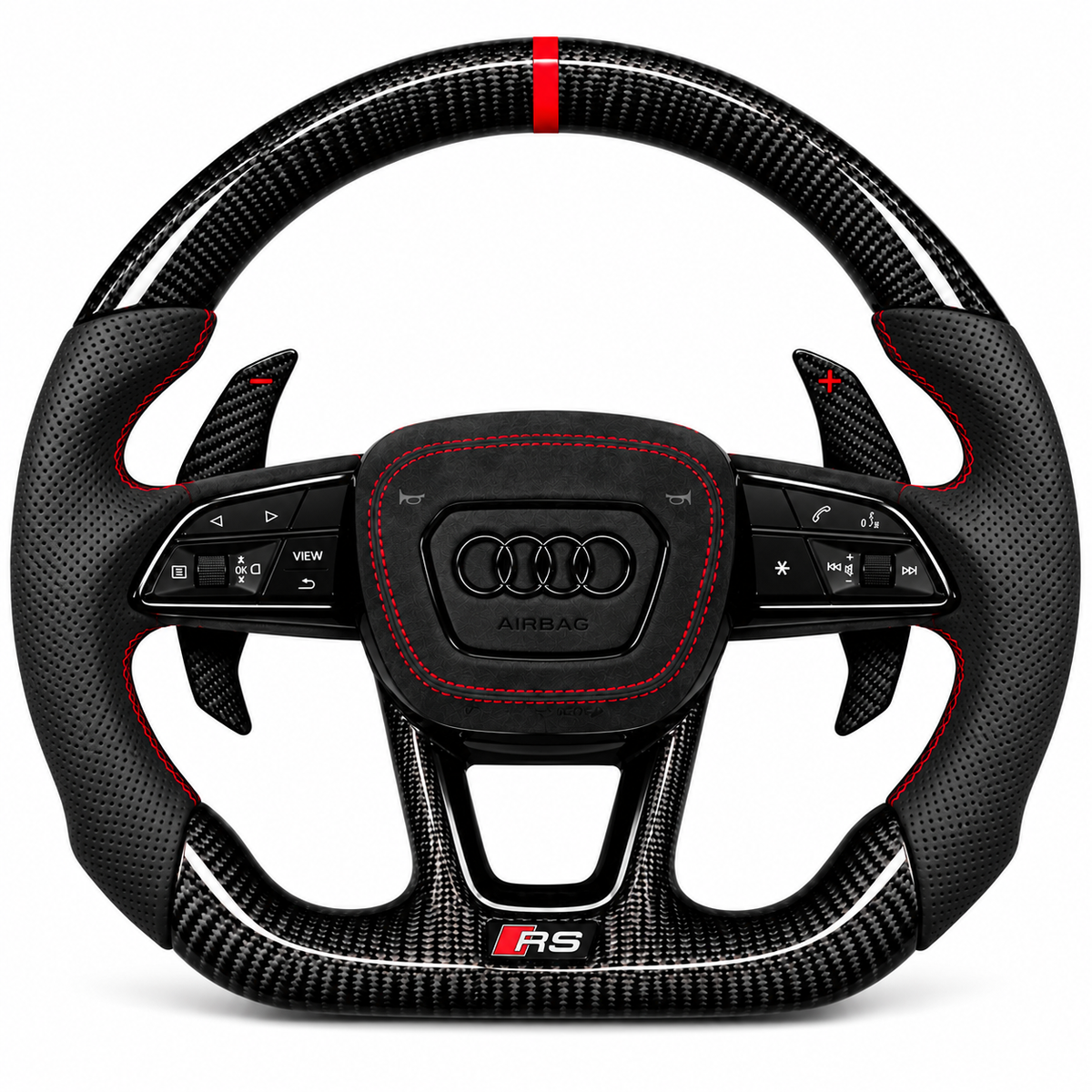 Carbon-Alcantara Lenkrad Audi A3 A4 A5 8Y B9.5 – Oben Carbon, Seitlich Perforiertes Leder, Naht rot
