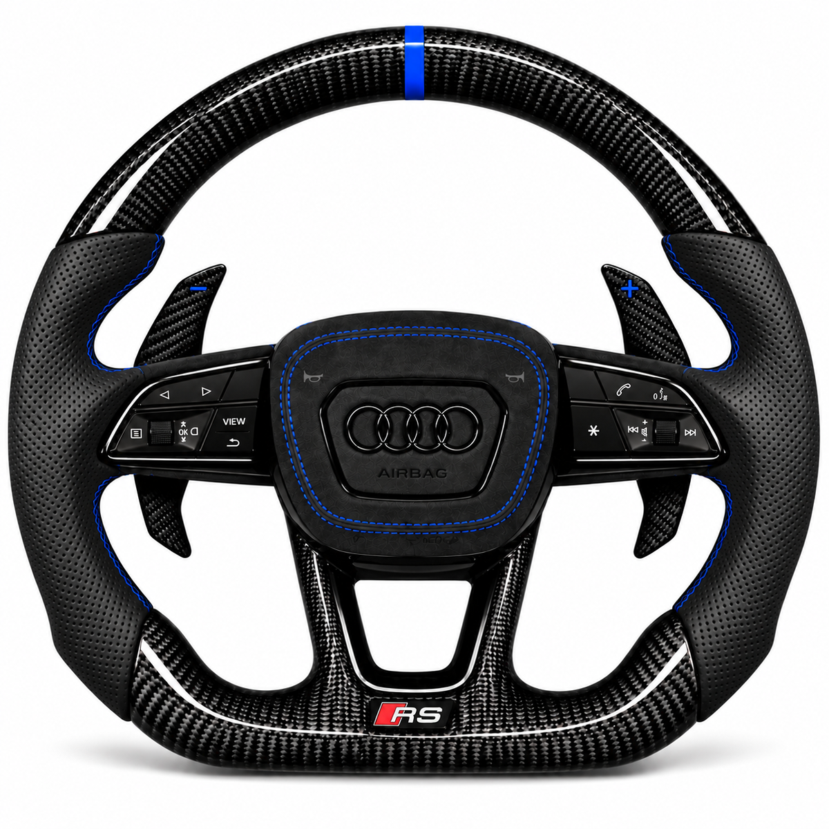 Carbon-Alcantara Lenkrad Audi A3 A4 A5 8Y B9.5 – Oben Carbon, Seitlich Perforiertes Leder, Naht blau