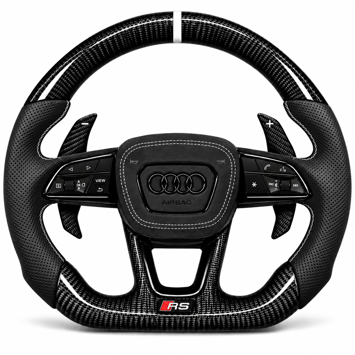 Carbon-Alcantara Lenkrad Audi A3 A4 A5 8Y B9.5 – Oben Carbon, Seitlich Perforiertes Leder, Naht weiß