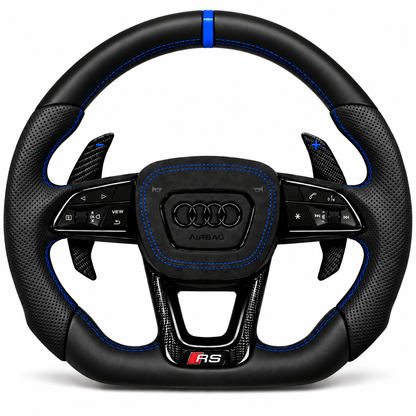 Carbon-Alcantara Lenkrad Audi A3 A4 A5 8Y B9.5 – Oben Leder, Seitlich Perforiertes Leder, Naht blau